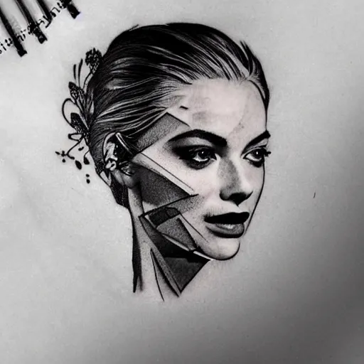 Image similar to double exposure tattoo design sketch of beautiful margot's robbie's face blended in beautiful mountains, in the style of matteo pasqualin, amazing detail