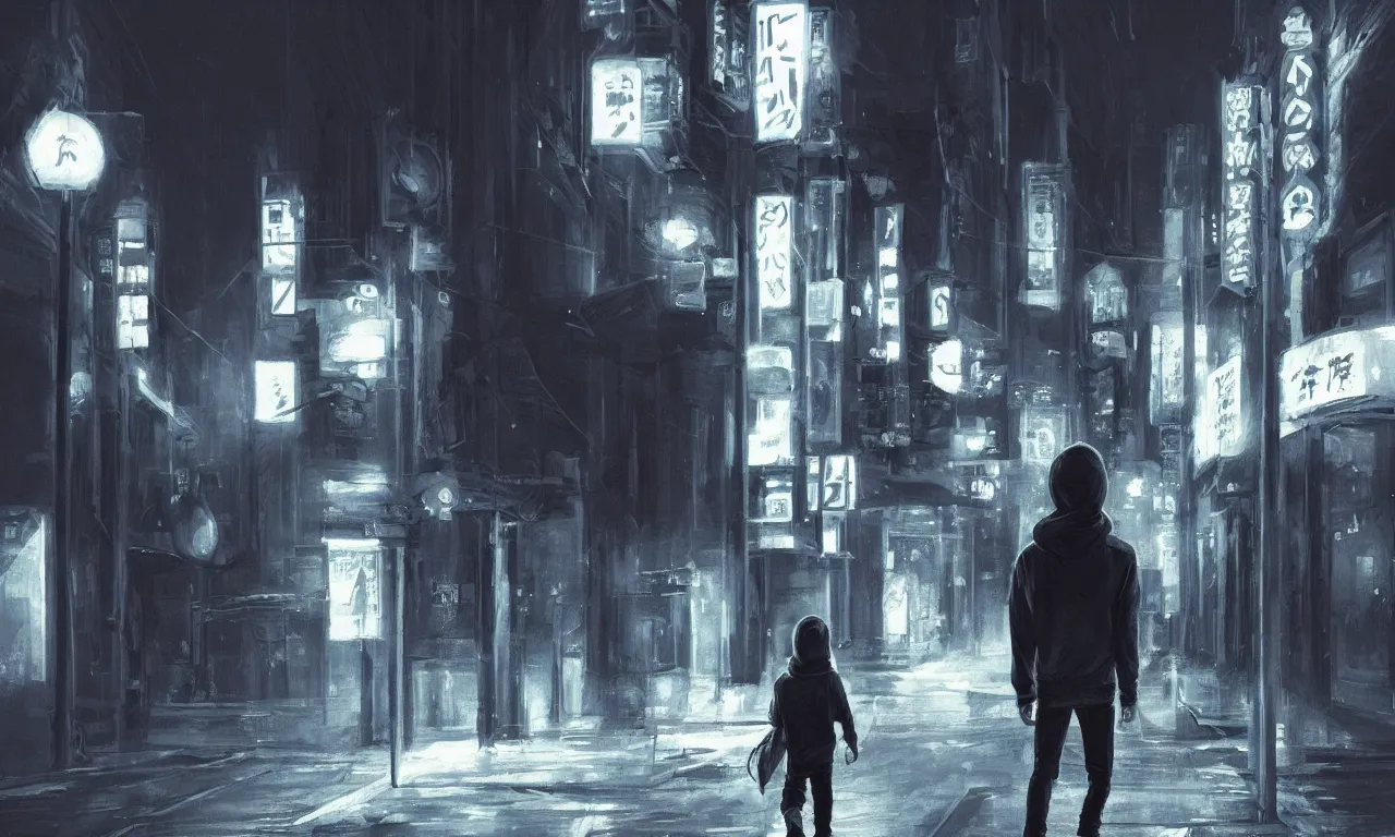 Image similar to a boy wearing a dark hoodie walking at the streets of Tokyo at night, concept art, digital painting, night lights, vending machines, aesthetic, trending on artstation, 8k, dramatic composition, intricate details, sharp focus