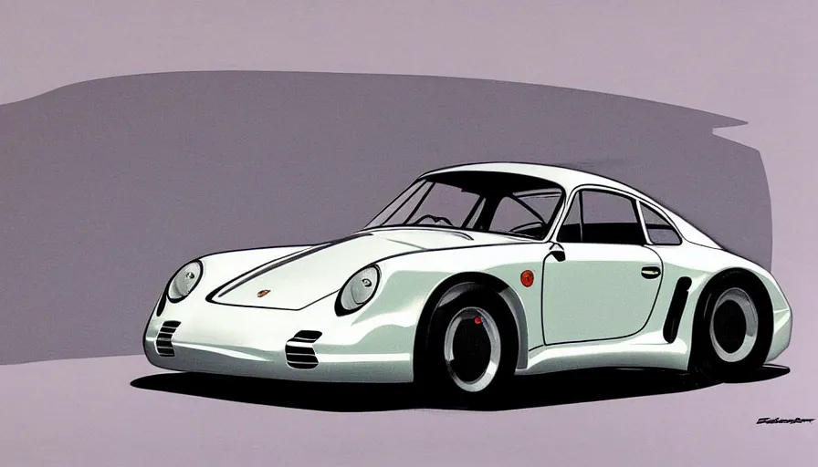Prompt: Porsche 959 as designed by General Motors in 1955, concept drawing my Syd Mead, full color catalog print