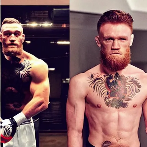 Image similar to “a realistic detailed photo of a guy who is an attractive humanoid who is half robot and half humanoid, who is a male android, boxer Conor McGregor and Canelo Alvarez, shiny skin, posing like a statue, blank stare”