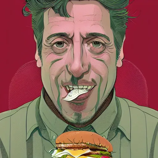 Image similar to a study of cell shaded portrait of Al Pacino eating burgers, llustration, post grunge, concept art by josan gonzales and wlop, by james jean, Victo ngai, David Rubín, Mike Mignola, Laurie Greasley, highly detailed, sharp focus, alien, Trending on Artstation, HQ, deviantart, art by artgem