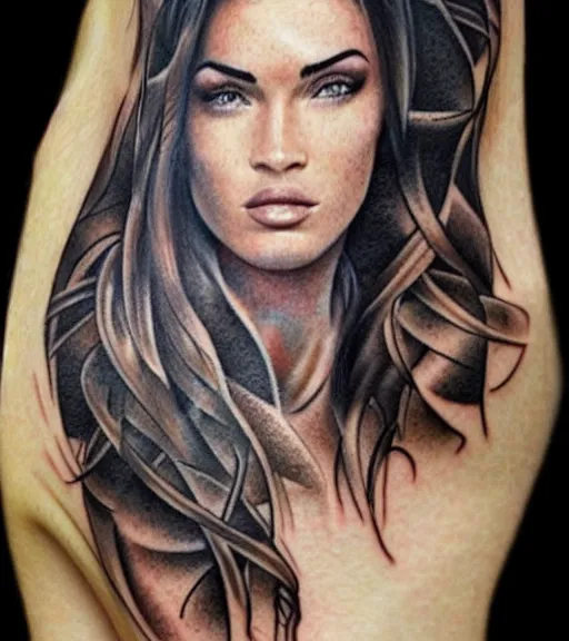 Prompt: realism tattoo sketch of a megan fox face in a double exposure effect with mountain scenery, in the style of matteo pasqualin, amazing detail, sharp