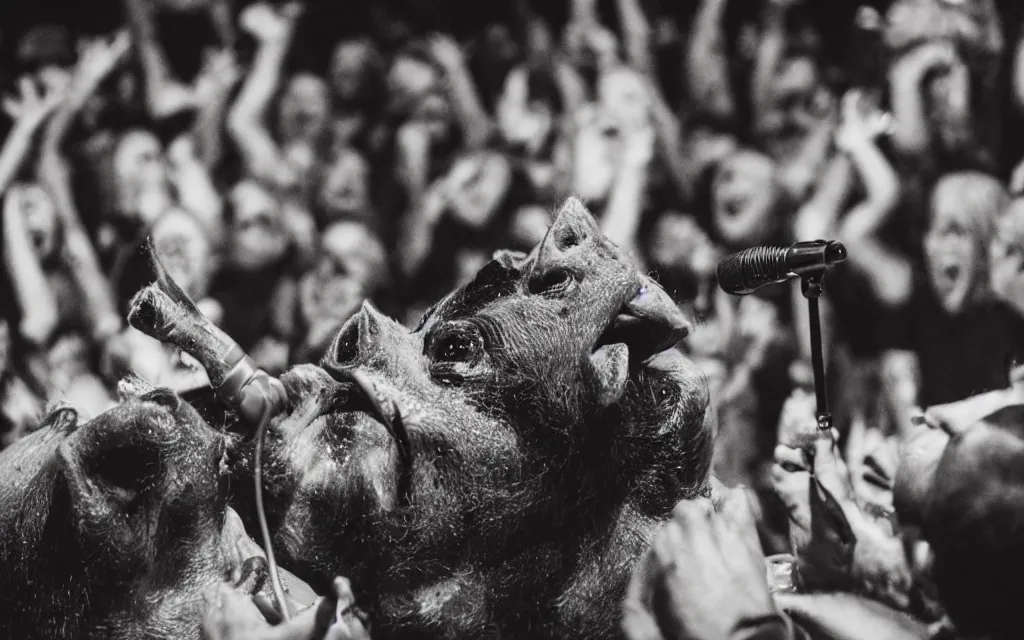 Prompt: a pig screaming on the microphone in a grindcore show