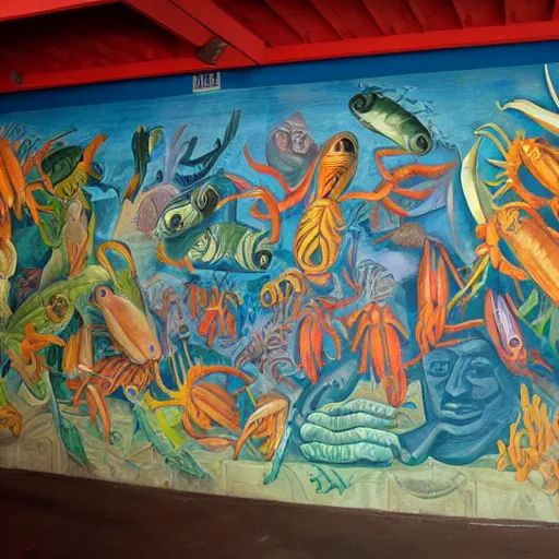 Prompt: mural of a crustacean revolution in the style of diego rivera