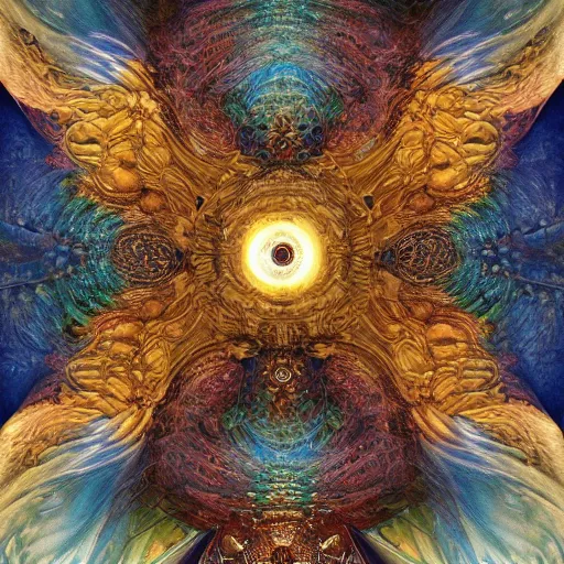Prompt: Divine Chaos Engine by Karol Bak, Jean Deville, Gustav Klimt, Amanda Sage, and Vincent Van Gogh, fractal structures