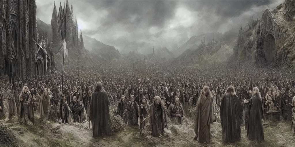 Prompt: Funeral of Aragorn, Arwen at his side, detailed matte painting, cinematic, Alan Lee, Artstation