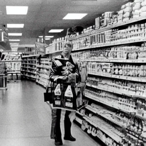 Prompt: film still of Flash Gordon shopping for groceries