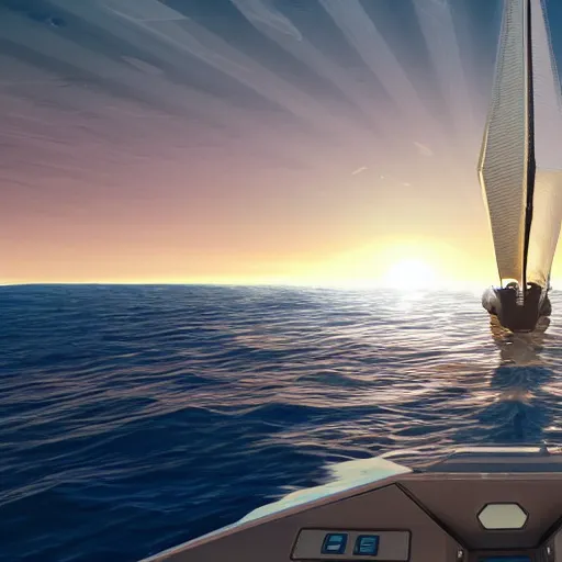 Prompt: hyper intelligent alien sailors in sailboat on open sea sunrise hopeful hd digital