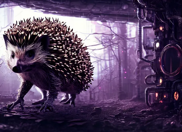 Image similar to portrait of a intricate humanoid hedgehog terminator, on the background of a weird magical mechanical forest. Very detailed 8k. Fantasy cyberpunk horror. Sharp. Cinematic post-processing. Unreal engine. Nanite. Ray tracing. Parallax. Tessellation