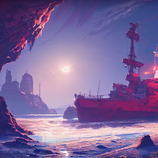 Image similar to soviet white cargo ship of horizon forbidden west horizon zero dawn bioluminiscence global illumination ray tracing hdr fanart arstation by ian pesty and alena aenami artworks