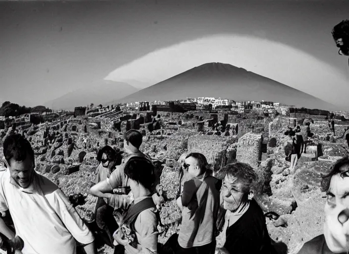 Prompt: old photo of greeks wich drink wine and have fun against the backdrop of mount vesuvius starting to erupt, photo by sebastian salgado, fisheye 4, 5 mm, diffused backlight