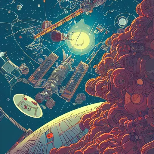 Image similar to a space station looking down on the planet being torn apart by shadows by josan gonzales and Dan Mumford