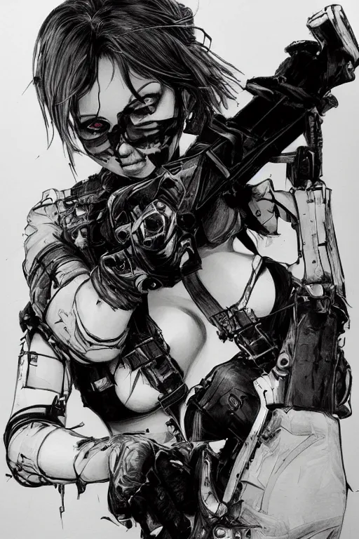 Prompt: a beautiful drawing of an attractive woman wielding a chainsaw, highly detailed, by yoji shinkawa, featured on artstation, body shot