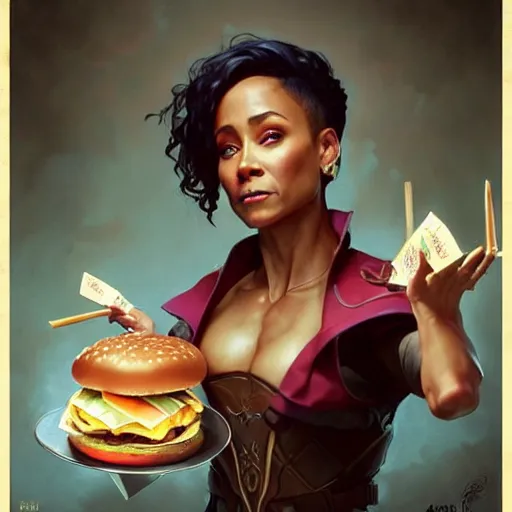 Image similar to Jada Pinkett Smith Eating Big Macs, dripping BBQ Sauce, serving burgers, D&D, fantasy, intricate, elegant, highly detailed, digital painting, artstation, concept art, matte, sharp focus, illustration, hearthstone, art by Artgerm and Greg Rutkowski and Alphonse Mucha