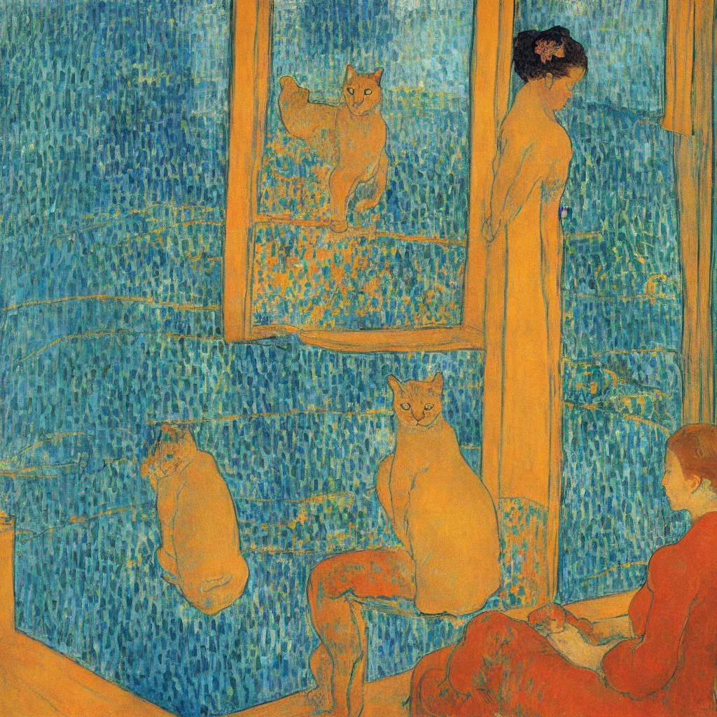 Image similar to woman and golden cat with italian city with gardens seen from a window frame with curtains. dark indigo blue, turquoise, gold, earth brown. sunset. bonnard, henri de toulouse - lautrec, utamaro, matisse, monet