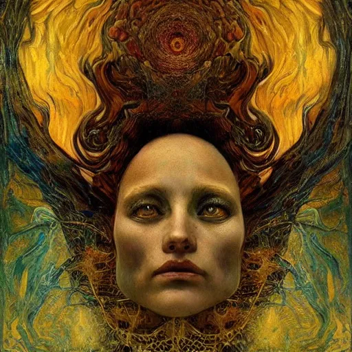 Image similar to Visions of Hell by Karol Bak, Jean Deville, Gustav Klimt, and Vincent Van Gogh, nightmare portrait, infernal, visionary, otherworldly, fractal structures, ornate gilded medieval icon, third eye, hellfire, spirals, cosmic horror