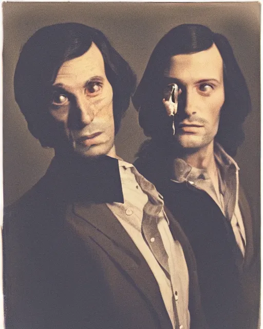 Image similar to an instant photo of two beautiful but sinister men wearing oxford shirts in layers of fear, with haunted eyes and dark hair, 1 9 7 0 s, seventies, wallpaper, a little blood, moonlight showing injuries, delicate embellishments, painterly, offset printing technique, by brom, robert henri, walter popp