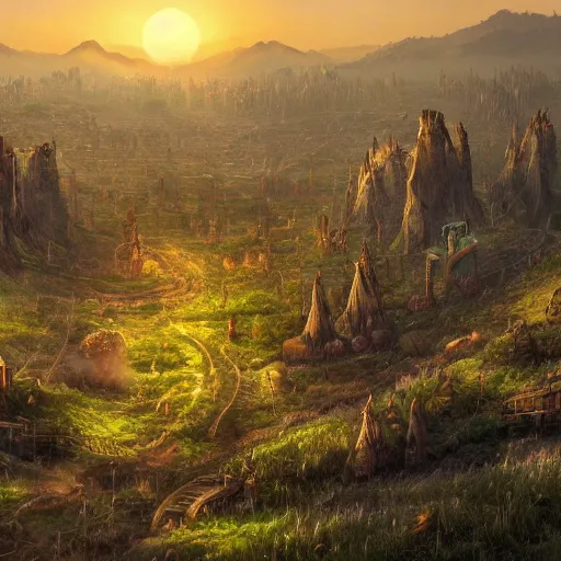 Prompt: fantasy landscape with rolling fields and a steam punk city sunset smoggy trending on artstation 4k highly detailed