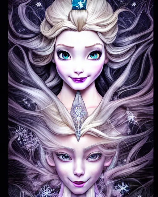 Prompt: ' princess elsa, insanity, demented, morbid, surreal ', beautiful shadowing, 3 d shadowing, reflective surfaces, illustrated completely, 8 k beautifully detailed pencil illustration, extremely hyper - detailed pencil illustration, intricate, epic composition, masterpiece, bold conflicting colors. stunning masterfully illustrated by artgerm, range murata, alphonse mucha, katsuhiro otomo.