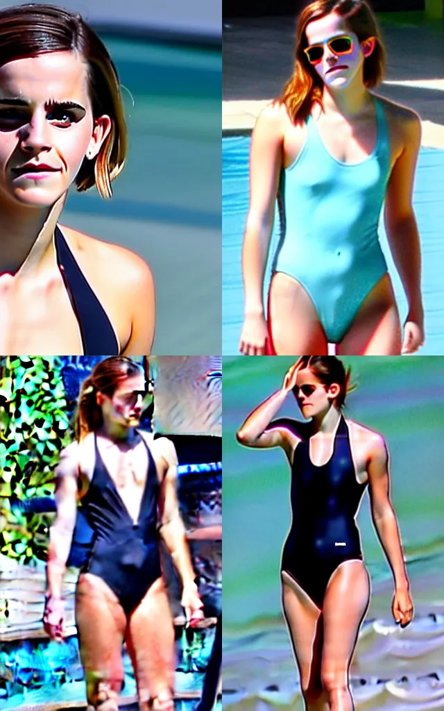 Prompt: Emma Watson in closed one-piece swimsuit monokini