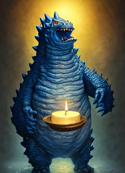 Image similar to portrait of a screaming tiny fat blue godzilla in a hat, intricate, elegant, candle light, highly detailed, digital painting, artstation, concept art, smooth, sharp focus, illustration, art by wlop, mars ravelo and greg rutkowski