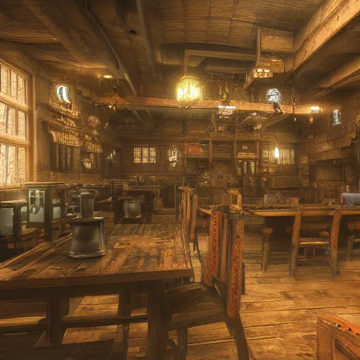 Image similar to Realistic Interior Concept design of very very very highly detailed Tavern in style of Medieval and in style of Cyberpunk, Many details by Hiromasa Ogura. More cyberpunk a lot less Medieval. Panorama 360 degrees Rendered in unreal engine 5, artstationHD, 4k, 8k, 3d render, 3d Houdini, cinema 4d, octane RTX volumetric natural light