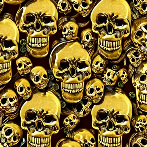 Image similar to many gold skulls with flowers and jewerly, ornate, elegant, intricate, royal, highly detailed, 4 k, hd, digital art