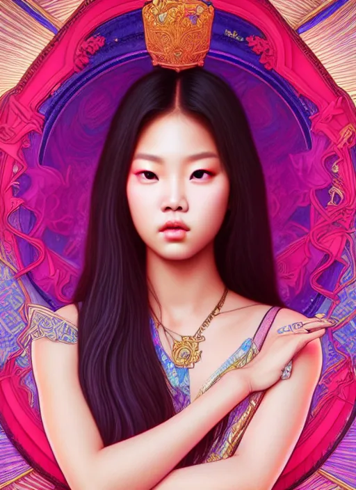 Image similar to jennie kim of blackpink, queen, tarot card, highly detailed, digital painting, smooth, sharp focus, illustration, ultra realistic, unreal engine, 8 k, art by artgerm and alphonse mucha