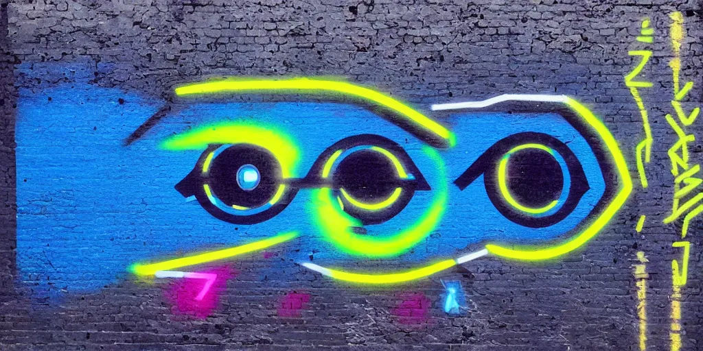 Prompt: the all seeing eye, aesthetic, cyberpunk, neon colors, flat color, minimal, large spray graffiti on a dark blue wall by famous london graffiti artist