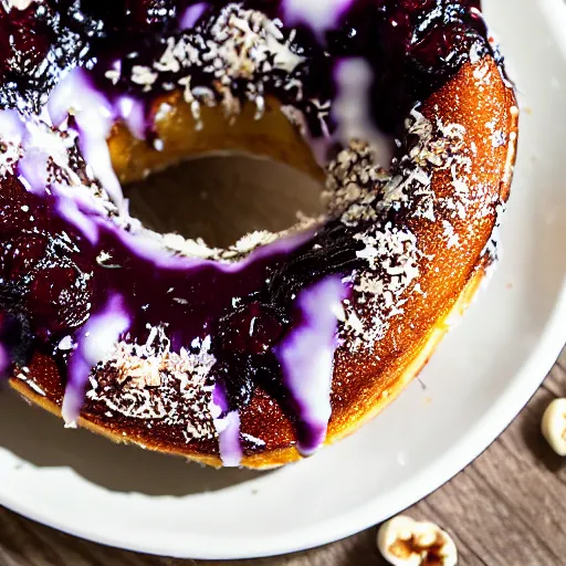 Prompt: blackberry donut glazed with coconut shavings and hazelnut