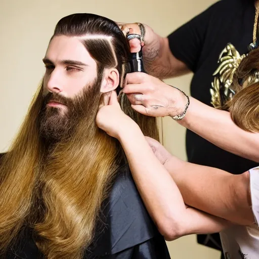 Prompt: handsome man with shiny and silky long hair getting hair styled by a hair queen wearing a golden crown studded with sparkling diamonds, water color