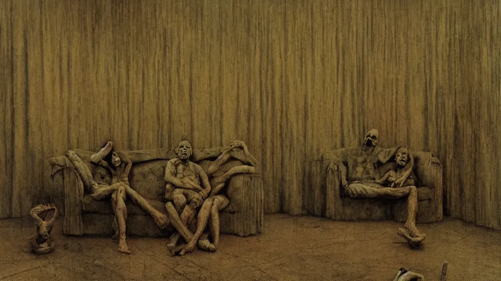 Image similar to creepy mental hospital, medicated patients watching TV by Zdzislaw Beksinski, Ivan Seal, Leyland Kirby