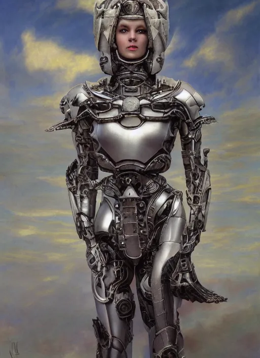 Prompt: symmetry! portrait of a beautiful biblical diabolical agile girl, in reflective porcelain cyborg armor, in clouds, cinematic studio light! windy, sunrise, by gerald brom, by mikhail vrubel, by peter elson, high contrast, muted colors, extreme detail, trending on artstation, 8 k