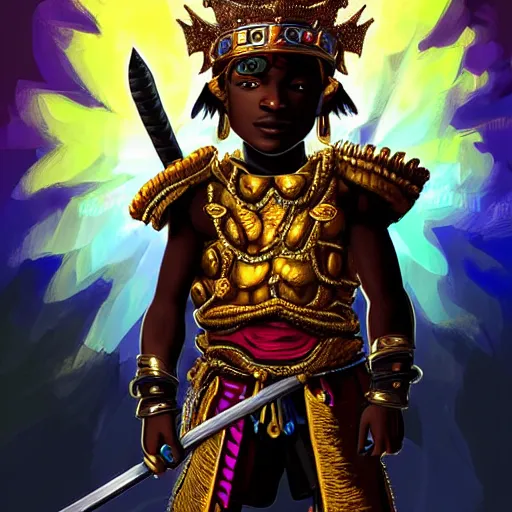 Prompt: a young black boy dressed like an african moorish warrior, wearing golden armor and a crown with a ruby and a black diamond in his forehead, posing with a very ornate glowing electric spear!!!!!!!!, for honor character digital illustration portrait design, by android jones in a psychedelic fantasy style, dramatic lighting, hero pose, wide angle dynamic portrait