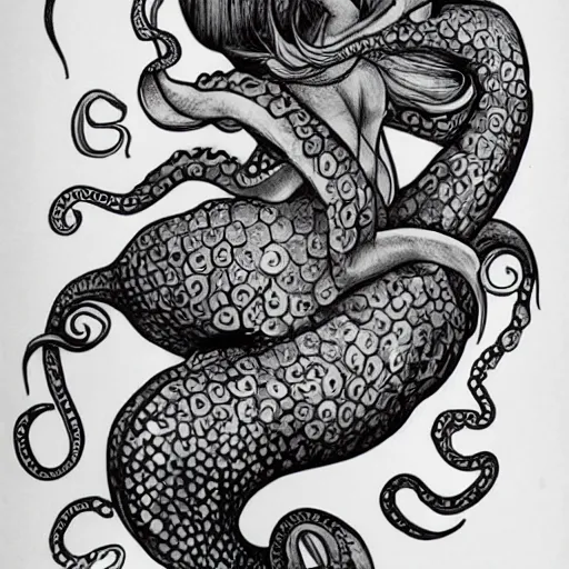 Image similar to octopus protects a mermaid pinup, tattoo