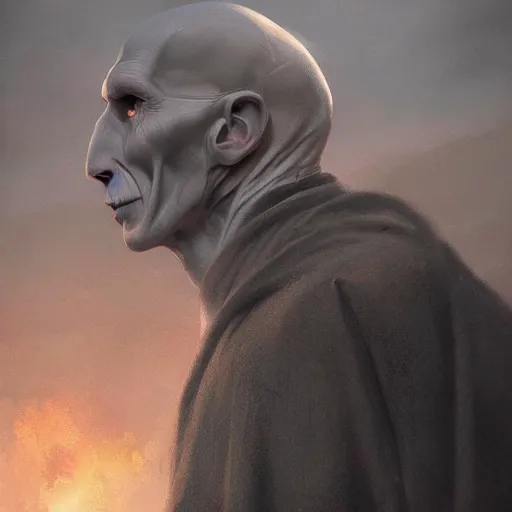 Image similar to portrait of voldemort, no nose, exudes terror, castle, mysterious breath, spitfire, photography, hyperrealistic, by greg rutkowski, smooth, illustration, elegant, artstation, digital painting.