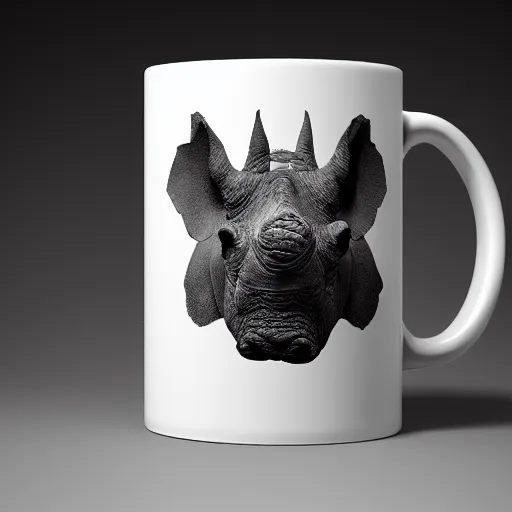 Image similar to a mug with shape of a rhino head, high quality product photography, behance