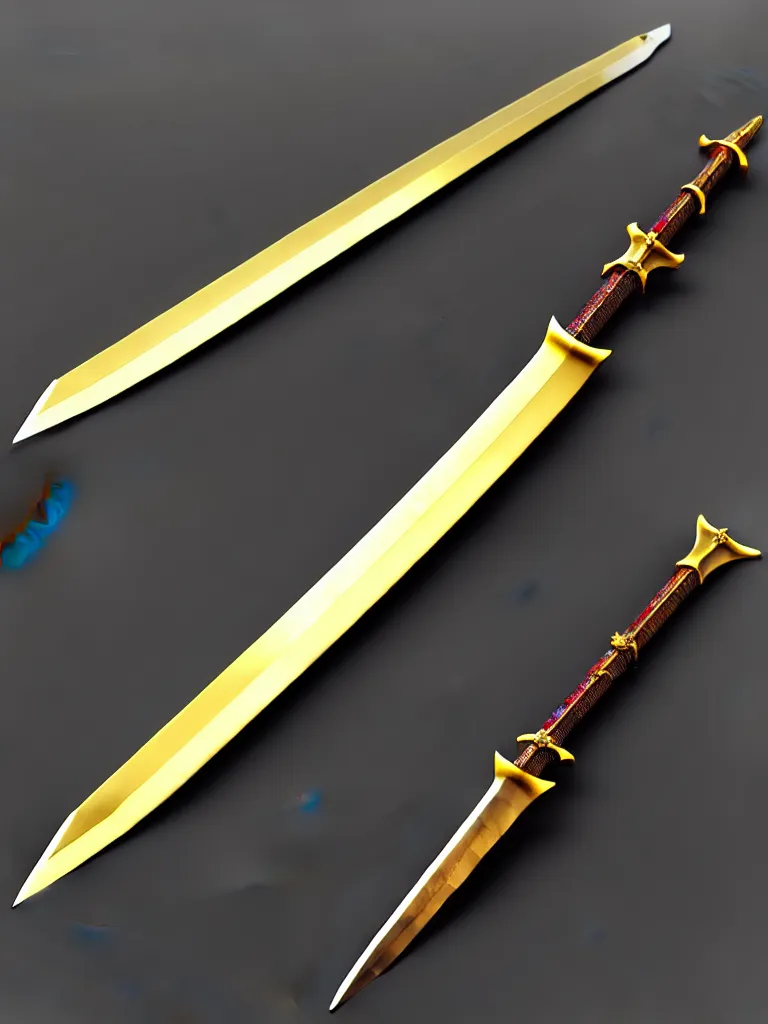 Image similar to long sword, proportional image, clean background, 3 d octane render, blade, sharp, gold, gems, cryptoblades