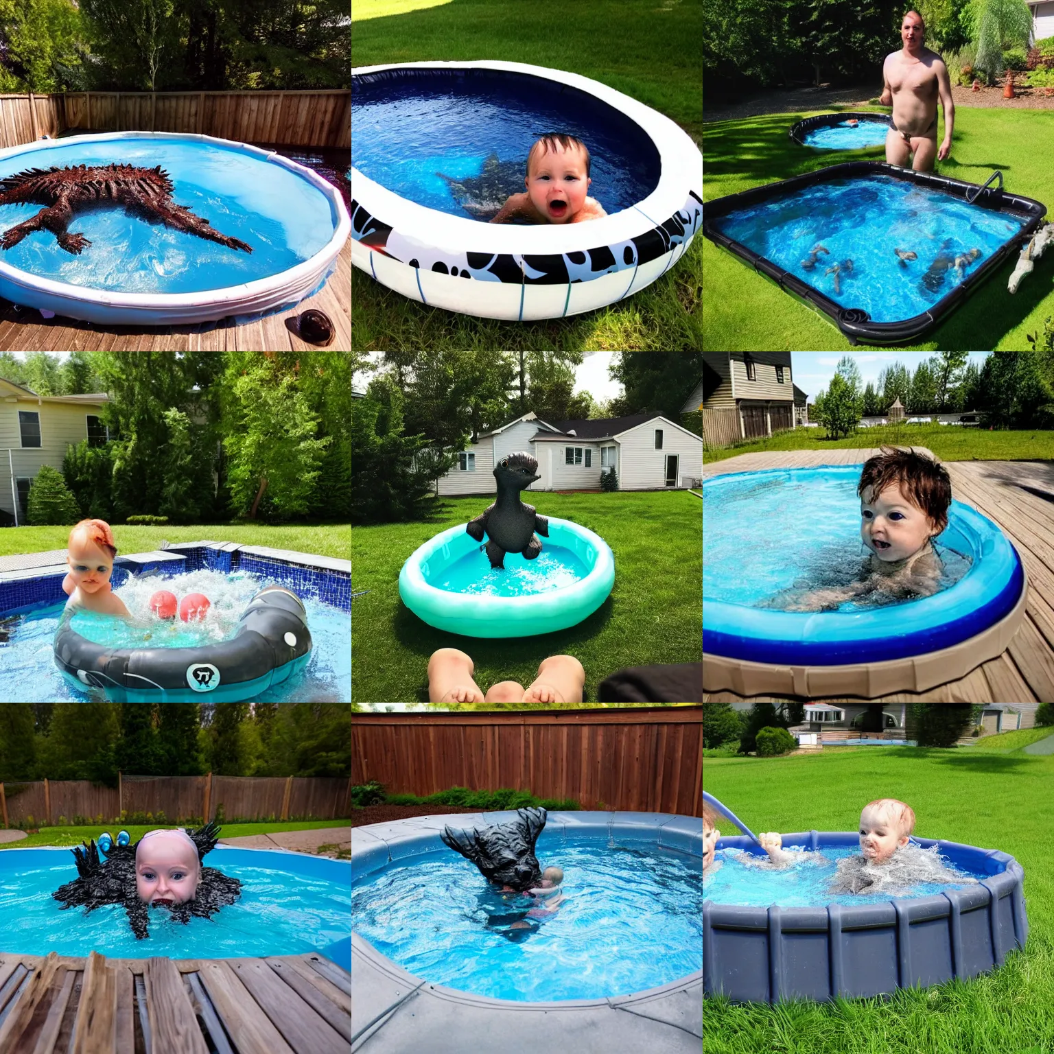 Prompt: monster of loch ness in a small baby swimming pool outside in my backyard, the monster is way too big too fit easily in my backyard