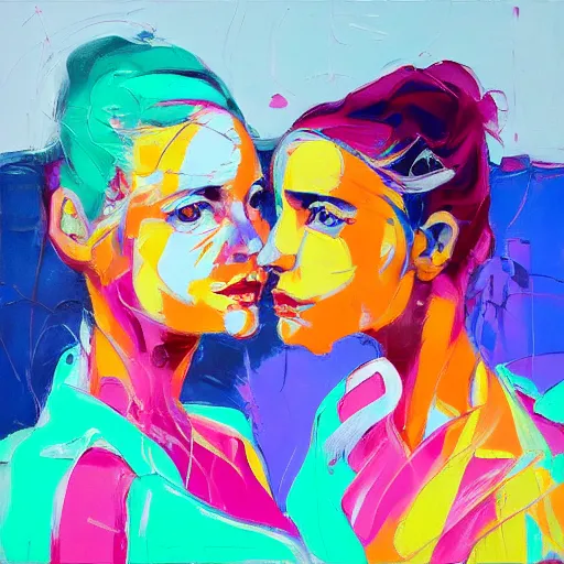 Prompt: a portrait of two beautiful 3 0 year old sisters in a scenic environment by francoise nielly