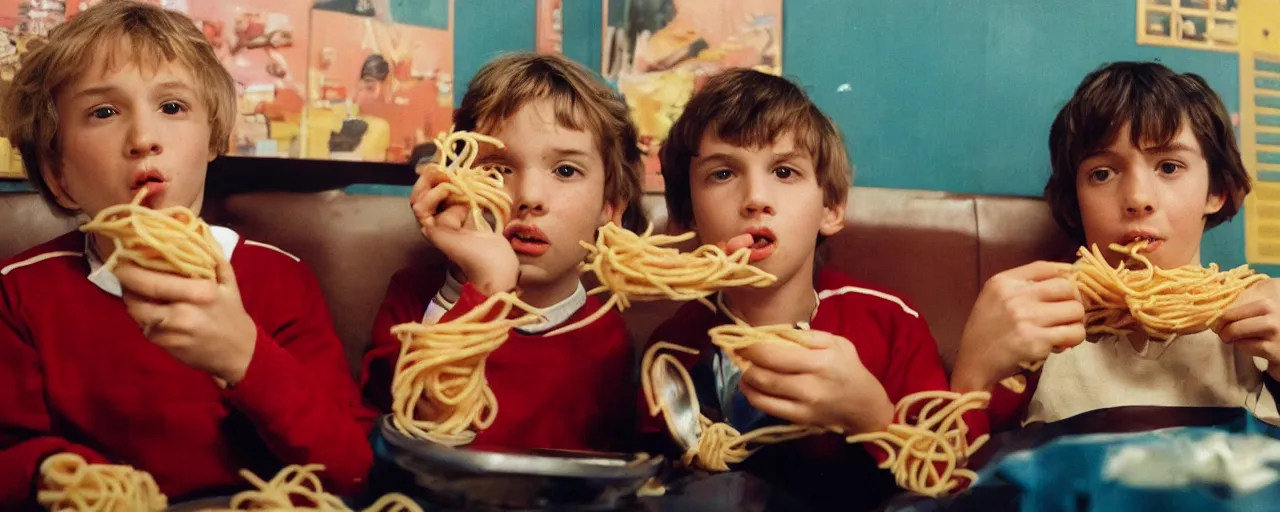 Image similar to a boy and girl at the movies snacking on a spaghetti container, kodachrome, in the style of wes anderson, retro