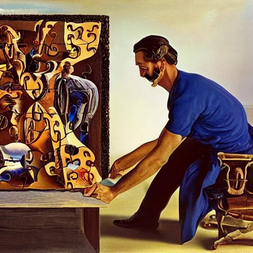 Prompt: a professional photo of a man putting the last puzzle piece, oil painting by salvador dali