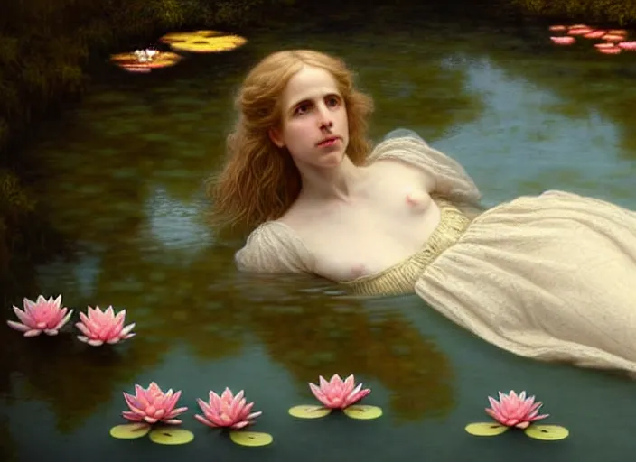 Image similar to 8K, soft light, warm volumetric lighting, highly detailed, brit marling style 3/4 ,view from above of close-up portrait photo of a beautiful woman how pre-Raphaelites painter, face is emerging of a pond with beautiful water lilies, she has a beautiful lace dress and hair are intricate with highly detailed realistic beautiful flowers , Realistic, Refined, Highly Detailed, natural outdoor soft pastel lighting colors scheme, faded colors, outdoor fine art photography, Hyper realistic, photo realistic,warm lighting,