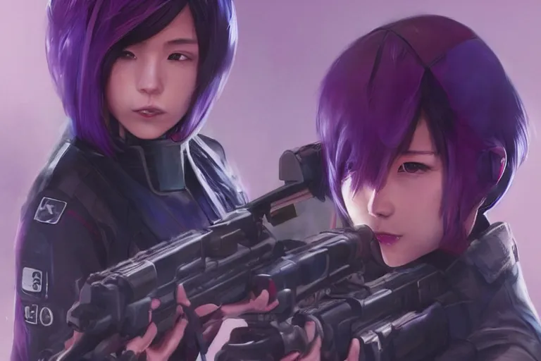 Prompt: young female japanese sniper holding a railgun sniper rifle, short purple haircut, neon, cyberpunk, futuristic, full cybernetic combat suit, stunning, highly detailed, digital painting, smooth, soft focus, illustration, ghost in the shell, 4 k digital art from artstation by artgerm and greg rutkowski and wlop