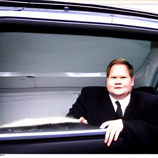 Image similar to 1 9 9 8 andy richter wearing a black wool coat and necktie in his car driving through the streets of chicago at night, pov back seat of car, cozy atmosphere