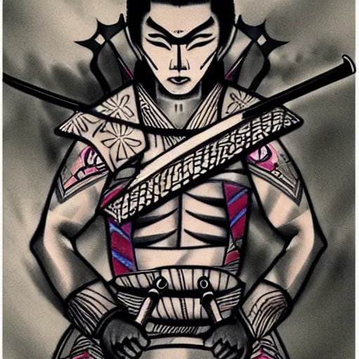 Image similar to A samurai holding a katana, Japanese Tattoo Style, tattoo, tattoo art, colorful,