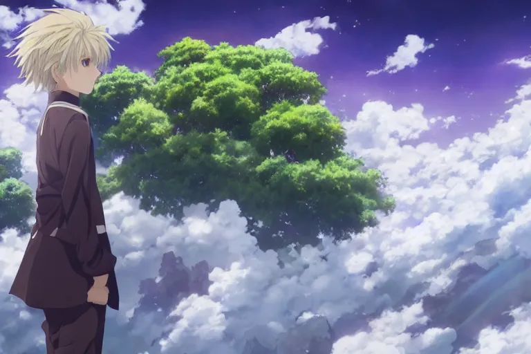 Image similar to a vast scene, panorama distant view, anime art full body portrait character concept art, hyper detailed scene render of a boy and white lion, anime key visual of violet evergarden, finely detailed perfect face delicate features directed gaze, in the white clouds fairyland, trending on pixiv fanbox, violet evergarden, studio ghibli, james jean, extremely high quality artwork