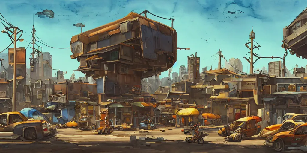 Image similar to overwatch building, stylized, exterior, architecture, in watercolor gouache detailed paintings, insanely detail, artstation, 8 k, futuristic, big medium small, arcane, simon stalenhag, food stall, interesting shapes & form, golden ratio, megastructures, desolate landscape, desert, slums, junkyard, oriental, asian, japanese alleyway