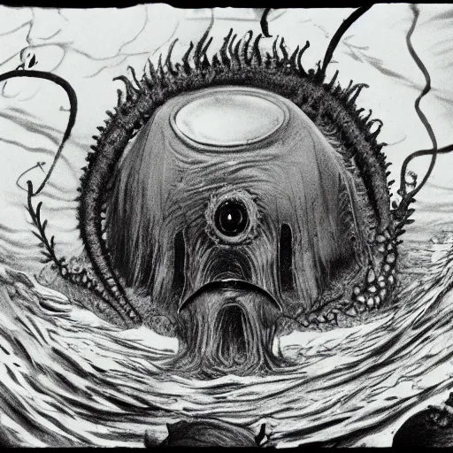 Image similar to a gigantic lovecraftian cyclope emerging from under the ocean, gazing to the darkened sky, old 3 5 mm ilford black and white, photorealistic