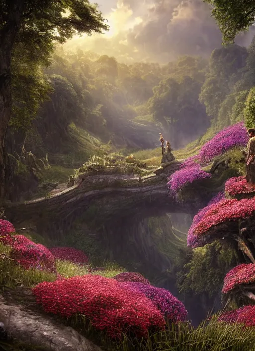 Prompt: in the distance an elegant fairy with wings of lace in a lord of the rings scenery landscape, a vast lush valley flowers and wood structures, stream, sunrise, god's rays highly detailed, vivid color, cinematic lighting, perfect composition, 8 k, gustave dore, derek zabrocki, greg rutkowski, belsinski, octane render